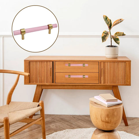Crystal Cabinet Pulls 4 Pack Pink Drawer Pulls With Crystal Glass And Gold Brass Base installed on wooden cabinet in room view