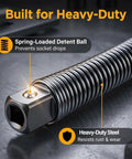 One Half Inch Flexible Shaft Extension With Universal Wrench Adapter Set 10 Inch And 14 Inch Heavy Duty Chrome Vanadium Tool close-up showing spring-loaded detent ball and heavy-duty steel construction.