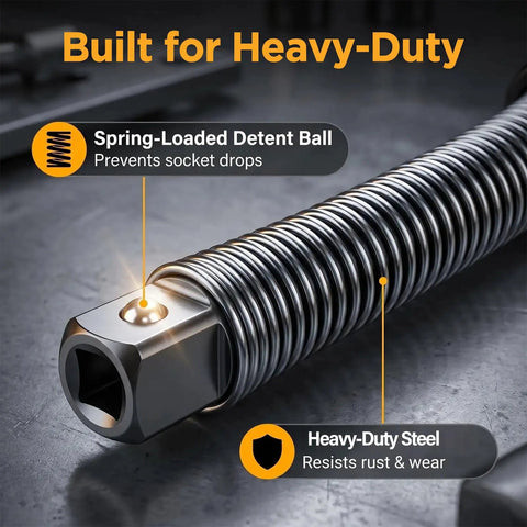 One Half Inch Flexible Shaft Extension With Universal Wrench Adapter Set 10 Inch And 14 Inch Heavy Duty Chrome Vanadium Tool close-up showing spring-loaded detent ball and heavy-duty steel construction.