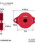 Gate Valve Lockout Kit Two Pack Valve Lockout Device dimensions illustration, red ABS plastic, for 1 to 2-1/2 inch handles.