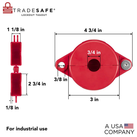 Gate Valve Lockout Kit Two Pack Valve Lockout Device dimensions illustration, red ABS plastic, for 1 to 2-1/2 inch handles.
