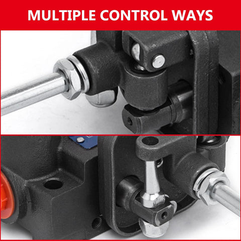 Two-spool hydraulic joystick control valve; steel construction with metal rod and linkage, front/side view
Close-up of hydraulic joystick control valve body with lever and fittings; steel construction