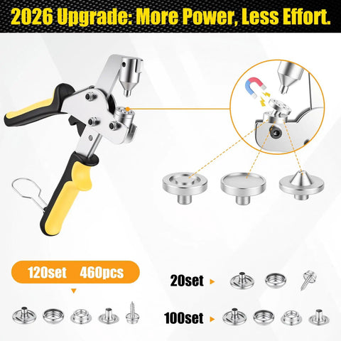 Badass Hand Press Plier With Three Interchangeable Dies And A Massive 120 Piece 15mm Stainless Steel Snap Fastener Kit For Denim Canvas Leather And Thick Fabric Repair Projects, showcasing tool design and snap options.