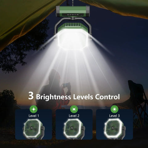 24000mAh Portable Fan With Light And Remote hanging in tent with adjustable brightness levels for camping