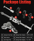 Front view of a 6-piece chrome slide hammer puller and rear axle bearing removal tool set with yoke and puller adapters
