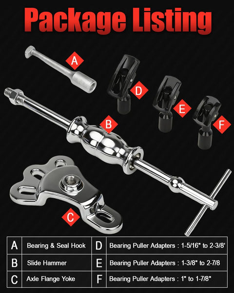 Front view of a 6-piece chrome slide hammer puller and rear axle bearing removal tool set with yoke and puller adapters