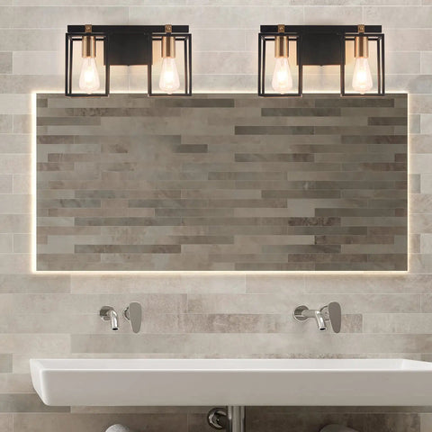 Two Light Over Mirror Bathroom Light Fixture In Rustic Farmhouse Style Industrial Metal Cage Wall Sconce With Matte Black Frame And Antique Brass Accents 14.56 Inch Length Dope Vintage Vanity Lighting For Bathrooms over a modern sink and tiled wall