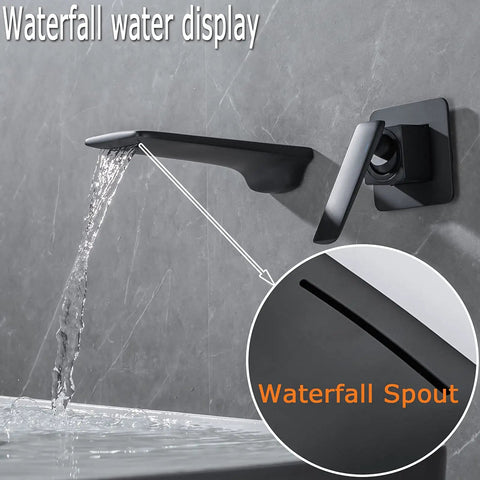 Wall Mount Waterfall Bathroom Faucet Matte Black for Vanity Sink with Single Handle showing water spout flow