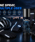 Night Reflective Spray 100ml Safety Fluorescent Paint Invisible Daytime with helmet, jacket, and shoes in a dark setting.