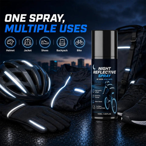 Night Reflective Spray 100ml Safety Fluorescent Paint Invisible Daytime with helmet, jacket, and shoes in a dark setting.