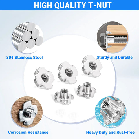 Twentypack 5/16-18 Tee Nuts 304 Stainless Steel four-pronged, corrosion-resistant design for wood and rock climbing holds.