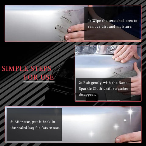Steps to use Nano Sparkle Car Scratch Remover Cloth Kit 4-Pack with Repair Gel on a scratched car surface.