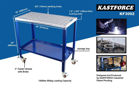 Rust Free 36 By 18 Inch Welding Table With 1200 Pound Load Capacity shown with blue surface, caster wheels, and storage tray.