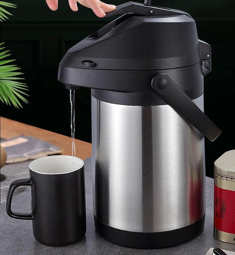 135 Oz 4L Airpot Coffee Carafe With Pump Double Walled Vacuum Insulated 304 Stainless Steel Beverage Dispenser pouring coffee