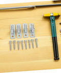 Bulletproof Heavy Duty Wall Mount Gate Hinges Set Of Four With Screws For Outdoor Barn Gates And Privacy Fences Galvanized Steel Frame tools and screws on a wooden surface.