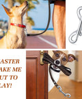 Front view: dog with red collar on leash; close-up of silver BBTO 4.7-inch zinc-alloy double-ended bolt snap clip.
