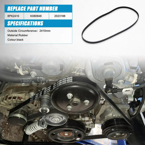 Premium EPDM Serpentine Drive Belt That Fits Toyota Sequoia Tundra Land Cruiser Lexus GX460 LX570 shown on engine with specifications.