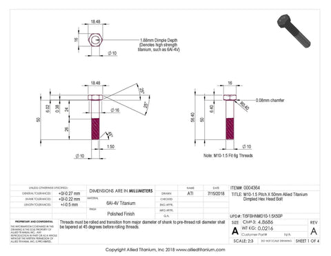 M10 X 50 Millimeter Hex Head Bolts Pack Of Five Grade 5 Titanium Fasteners Corrosion Resistant technical drawing dimensions