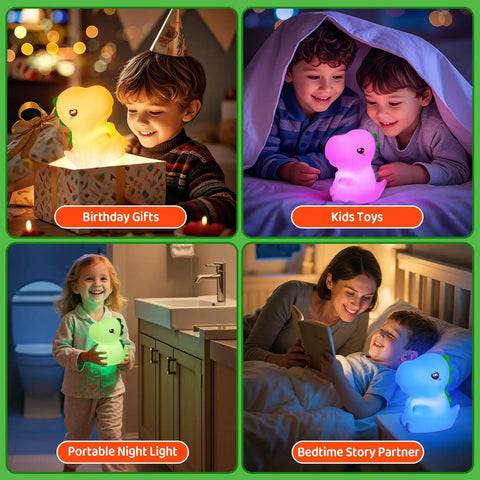 Totally Adorable Dino Night Light for Kids 3 to 8 used in varied bedtime environments highlighting its versatility.