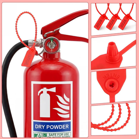 1000 Pack Plastic Tamper-Evident Security Seals With Self-Locking Pull-Tight Zip Ties, 2026 Numbered Red Tags For Fire Extinguishers, Disposable 250 mm Length shown on fire extinguishers.
