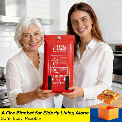 Two women holding a 4 Pack Fire Blanket 40x40 Inches Fiberglass Emergency Fire Safety for kitchens and homes.