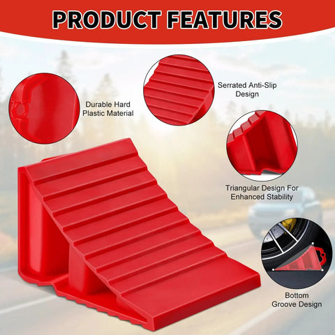 4 Pack Wheel Chocks For Trailers And RVs With Easy Grab Handles Heavy Duty Hard Plastic Tire Chocks in bright red color