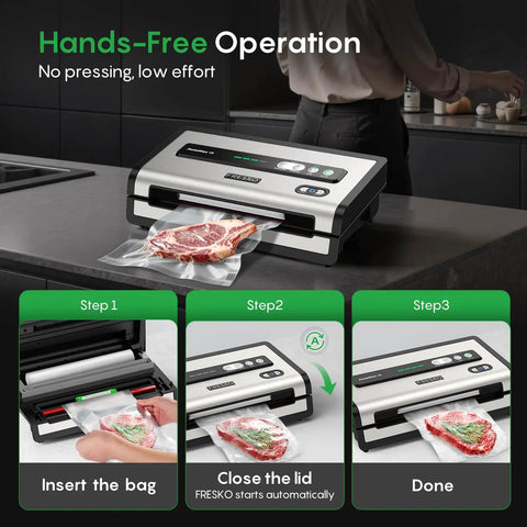 Automatic Vacuum Sealer For Food With Hands Free Operation And Built In Cutter And Roll Storage in kitchen with meat bag sealing