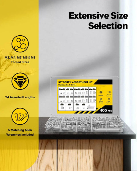 405 Piece Metric Set Screw Kit With M3 M4 M5 M6 M8 Threads 24 Lengths Durable 304 Stainless Steel Includes Five Allen Wrenches For Quick Easy Install And A Handy Secure Fit In Any Repair Or Assembly Job.