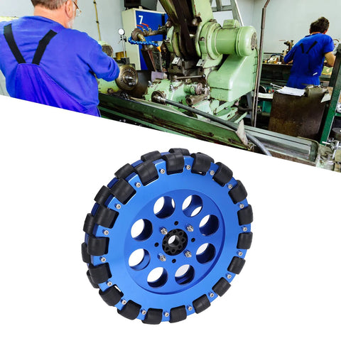 Pair of 8-inch omni wheels with aluminum alloy hubs and segmented rubber block tread.