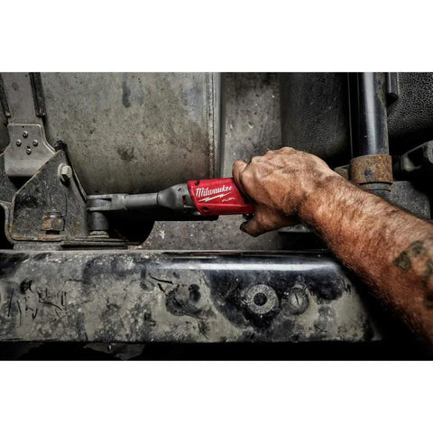 Heavy Duty Cordless Three Eighth Inch Extended Reach Ratchet With Badass 55 Foot Pounds Max Torque used for automotive repairs in tight spaces.