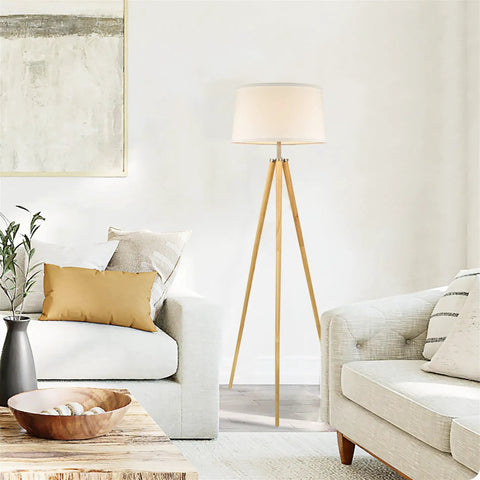 Mid Century Inspired Tripod Floor Lamp With Energy Efficient LED Bulb Natural Wood Legs And White Shade 60.5 Inch Tall Modern Living Room Lighting For A Cozy Vibe And Home Ambience