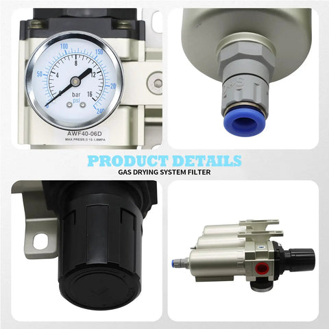 Pro Grade Three Stage Drying System With Coalescing Filter And Desiccant Dryer Auto Drain For Dry Air In Paint Spray And Plasma Cutter Setup For Pros Three Quarter Inch NPT Inlet close-up.