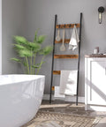 Killer 5-Tier Blanket Ladder With Heavy Duty Hooks, Wall-Leaning Towel Rack For Living Room And Bedroom, Rustic Industrial Decor Organizer For Scarves And Blankets in bathroom setting.