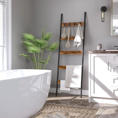 Killer 5-Tier Blanket Ladder With Heavy Duty Hooks, Wall-Leaning Towel Rack For Living Room And Bedroom, Rustic Industrial Decor Organizer For Scarves And Blankets in bathroom setting.