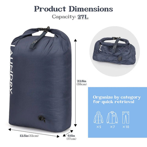 No Cap Vacuum Compression Travel Laundry Bag With Waterproof Wet Dry Organizer, 27L capacity, dimensions shown in chart.