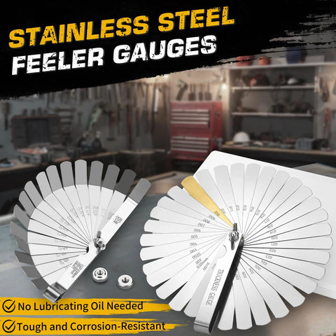 Gnellkoor stainless steel feeler gauge set, 2-piece with 32 straight and 16 angled blades, inch/metric for automotive.
