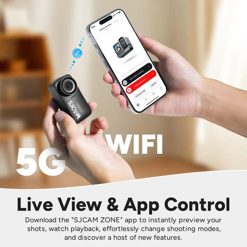 Person using smartphone app to control 4K Mini POV Action Camera with 170 Degree Ultra Wide Lens 6 Axis Stabilization Waterproof Wearable Helmet Mount for underwater skiing, biking, and kids adventures.