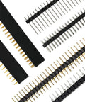 Pin Headers And Jumper Cap Assortment Kit For DIY Electronics, close-up of 40Pin Straight Right Angle Round Single Double Row Male Female