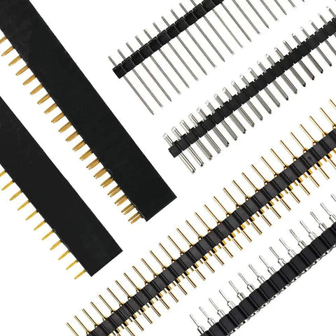 Pin Headers And Jumper Cap Assortment Kit For DIY Electronics, close-up of 40Pin Straight Right Angle Round Single Double Row Male Female
