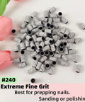 100 Pcs 240 Grit White Sanding Bands For Nail Drill Bit 0.31 In Diameter Extreme Fine Grit Sanding Belts displayed on table