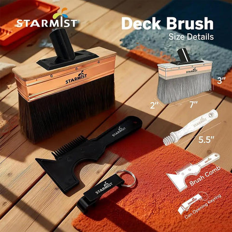 7 Inch Deck Stain Brush Applicator With Hybrid Wavy Crimped And Straight Bristles For Fast Even Coverage shown on wood deck