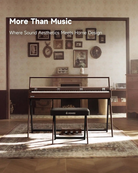 88 Key Weighted Keyboard Piano With Graded Hammer Action For Home Studio Bluetooth Connectivity in walnut finish in living room