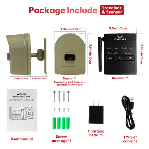 Half Mile Wireless Driveway Alarm System With Outdoor Motion Sensor, Weatherproof Receiver, accessories laid out