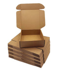 Heavy Duty 20 Pack Of 10X10X3 Inch Brown Corrugated Cardboard Shipping Boxes with smooth finish edges stacked with one box open.