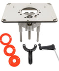 Rout-R-Lift 3 5XT Router Lift System Built Tough Heavy Duty Aluminum With Phenolic Top Plate and accessories front view