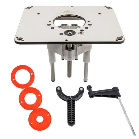 Rout-R-Lift 3 5XT Router Lift System Built Tough Heavy Duty Aluminum With Phenolic Top Plate and accessories front view