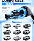 Heavy Duty Level 2 EV Charger With J1772 Adapter And Nema 14 50 Socket Delivers 48 Amps showing compatibility with multiple EV brands.