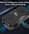200W Car Power Inverter 12V Dc To 110V Ac With Dual Ac Outlets And Quad Usb Charging Ports Featuring Pd 20W Qc 3.0 Fast Charging and connected power cable with fan