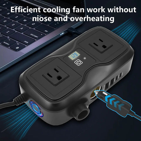 200W Car Power Inverter 12V Dc To 110V Ac With Dual Ac Outlets And Quad Usb Charging Ports Featuring Pd 20W Qc 3.0 Fast Charging and connected power cable with fan
