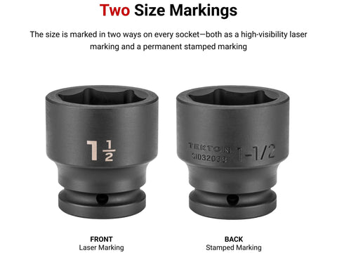 Front and back view of a Three Quarters Inch Drive Two And A Half Inch Shallow Six Point Impact Socket with laser and stamped size markings.
